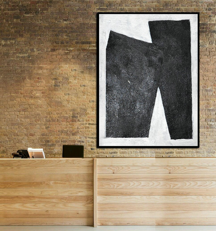 Handmade Extra Large Contemporary Painting,Black And White Minimal Painting On Canvas - Modern Living Room Decor